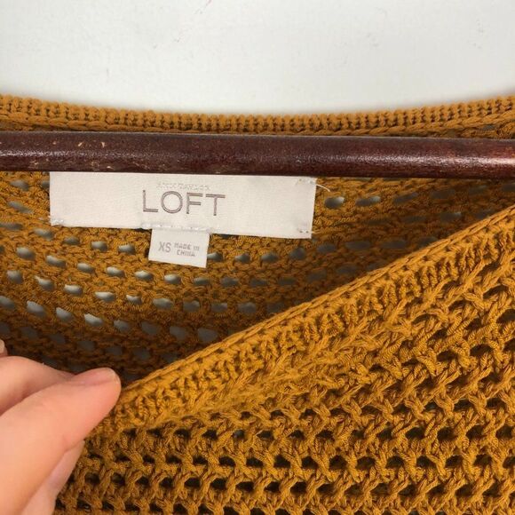 Loft Ann Taylor Mustard Black Open Knit Short Sleeve Sweater Top - Picture 3 of 5